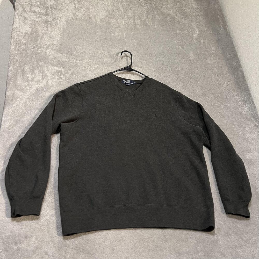 Polo Ralph Lauren Sweater Mens XL Gray Cotton V Neck Knit Pullover Pony Logo